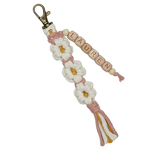 Personalized Macrame Keychain with Daisy Flower and Tassel