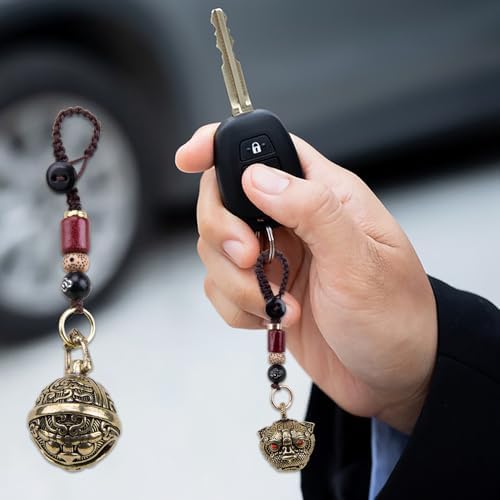 2Pcs Brass Tiger Head Keychains with Hanging Bells
