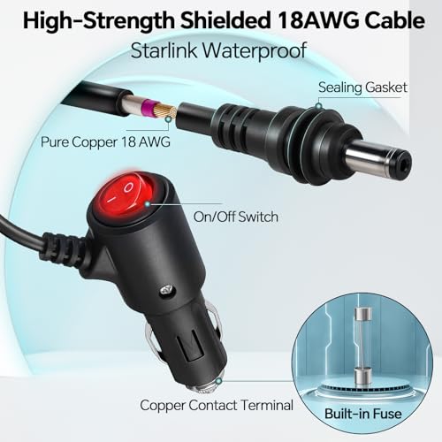 Starlink Mini Power Cable with Switch for Cigarette Lighter 10FT Waterproof 18AWG
