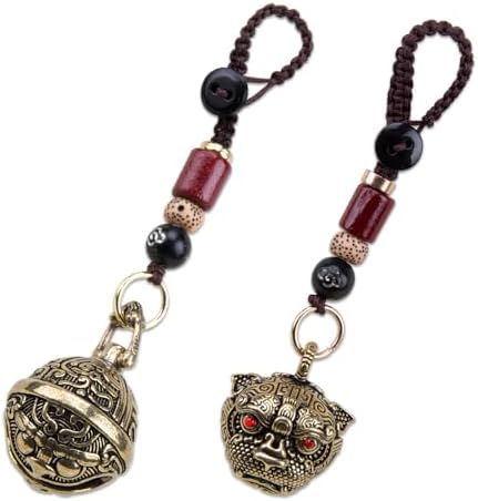 2Pcs Brass Tiger Head Keychains with Hanging Bells
