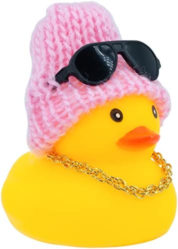Yellow Duck Car Dashboard Decor with Beanie Hat Necklace Sunglasses