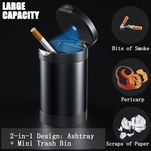 Car Ashtray with LED Light and Lid Smokeless Durable Portable Black
