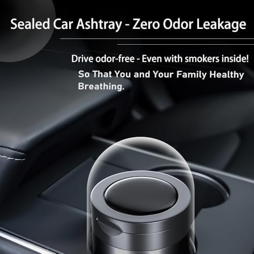 Car Ashtray with LED Light and Lid Smokeless Durable Portable Black