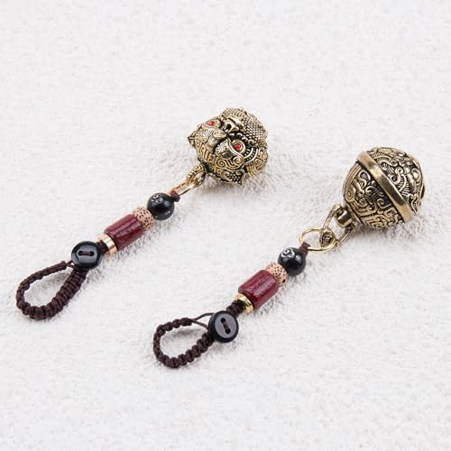2Pcs Brass Tiger Head Keychains with Hanging Bells