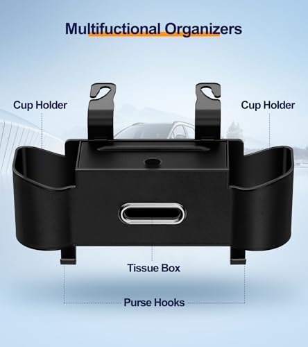 3-in-1 Car Organizer with Tissue Holder Cup Holders and Purse Hooks