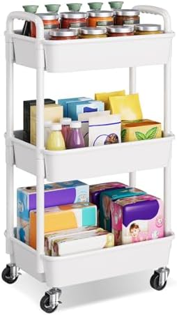 3 Tier Plastic Rolling Cart with Lockable Wheels