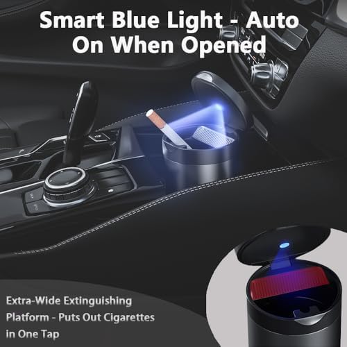 Car Ashtray with LED Light and Lid Smokeless Durable Portable Black