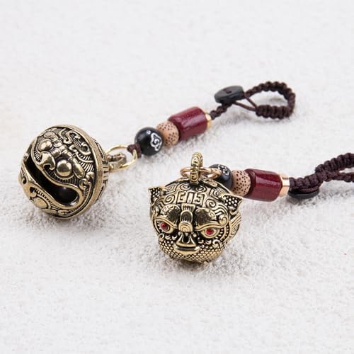 2Pcs Brass Tiger Head Keychains with Hanging Bells