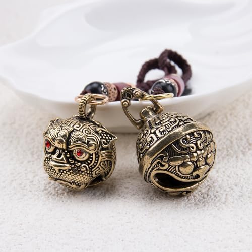 2Pcs Brass Tiger Head Keychains with Hanging Bells