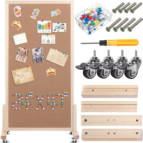 Double Sided Cork Board with Wheels 24 x 47 Inch