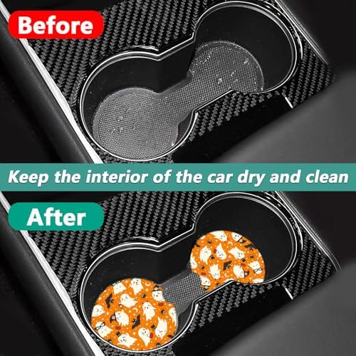 2 Pack Halloween Car Cup Holder Coasters - Ghost Bat Ceramic Coasters