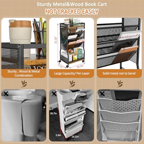 8 Tier Rolling Book Cart with Wheels and 2 Sides Access