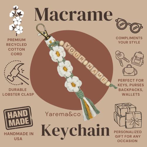 Personalized Macrame Keychain with Daisy Flower and Tassel