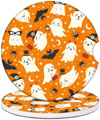 2 Pack Halloween Car Cup Holder Coasters - Ghost Bat Ceramic Coasters