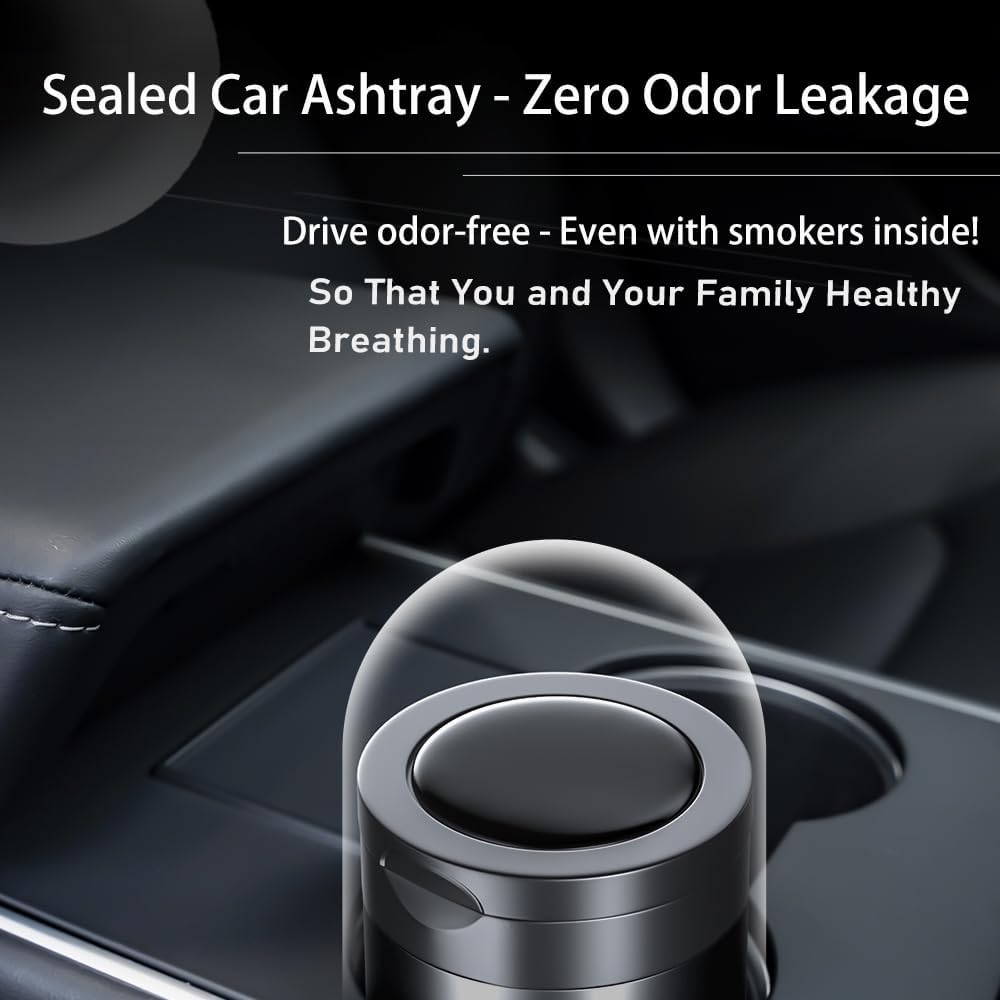 Car Ashtray with LED Light and Lid Smokeless Durable Portable Black