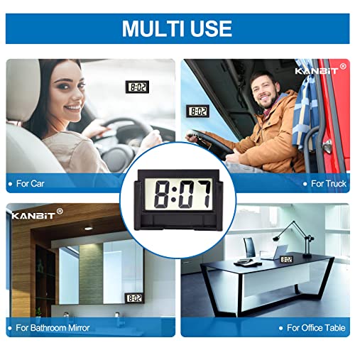 KANBIT 4-Piece Mini Digital Car Dashboard Clock with Clear LCD Display Black