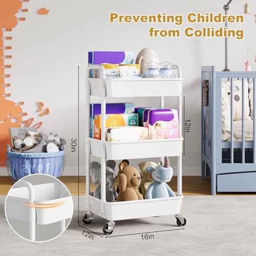 3 Tier Plastic Rolling Cart with Lockable Wheels