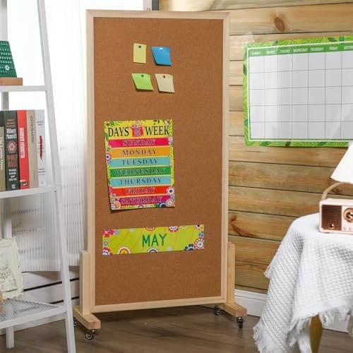 Double Sided Cork Board with Wheels 24 x 47 Inch