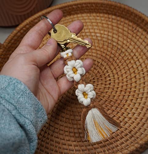Macrame Daisy Flower Keychain Boho Handmade