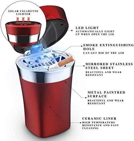 Car Ashtray with Detachable Lighter and Solar Power Red