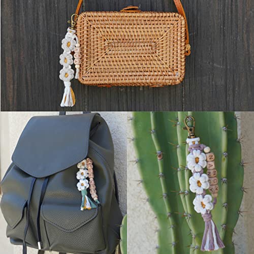 Personalized Macrame Keychain with Daisy Flower and Tassel