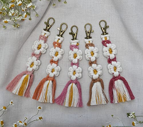 Macrame Daisy Flower Keychain Boho Handmade