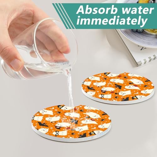 2 Pack Halloween Car Cup Holder Coasters - Ghost Bat Ceramic Coasters