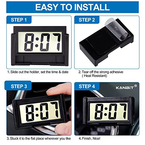 KANBIT 4-Piece Mini Digital Car Dashboard Clock with Clear LCD Display Black