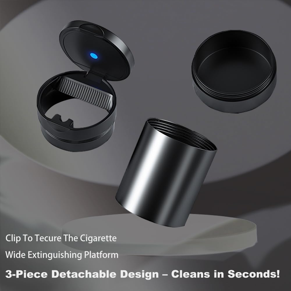 Car Ashtray with LED Light and Lid Smokeless Durable Portable Black