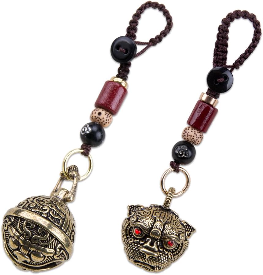 2Pcs Brass Tiger Head Keychains with Hanging Bells