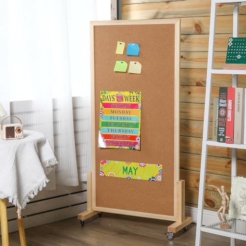 Double Sided Cork Board with Wheels 24 x 47 Inch