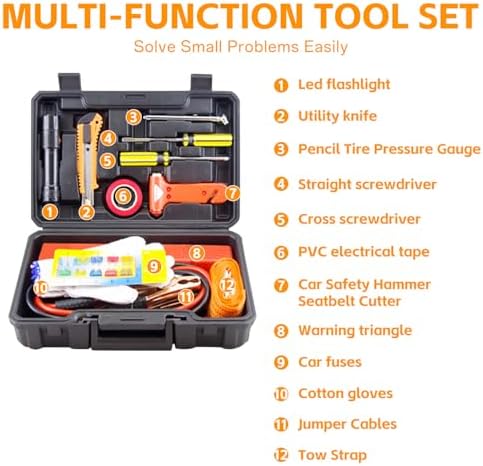 Car Emergency Kit with Jumper Cables and Safety Tools