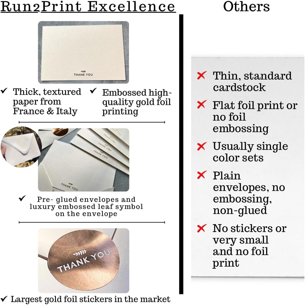 RUN2PRINT 36 Pack Thank You Cards With Envelopes and Foiled Stickers
