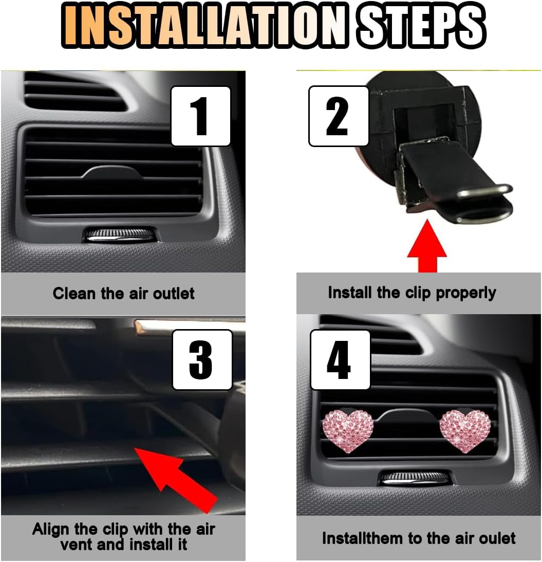 2PCS Heart-Shaped Crystal Air Vent Clip for Car