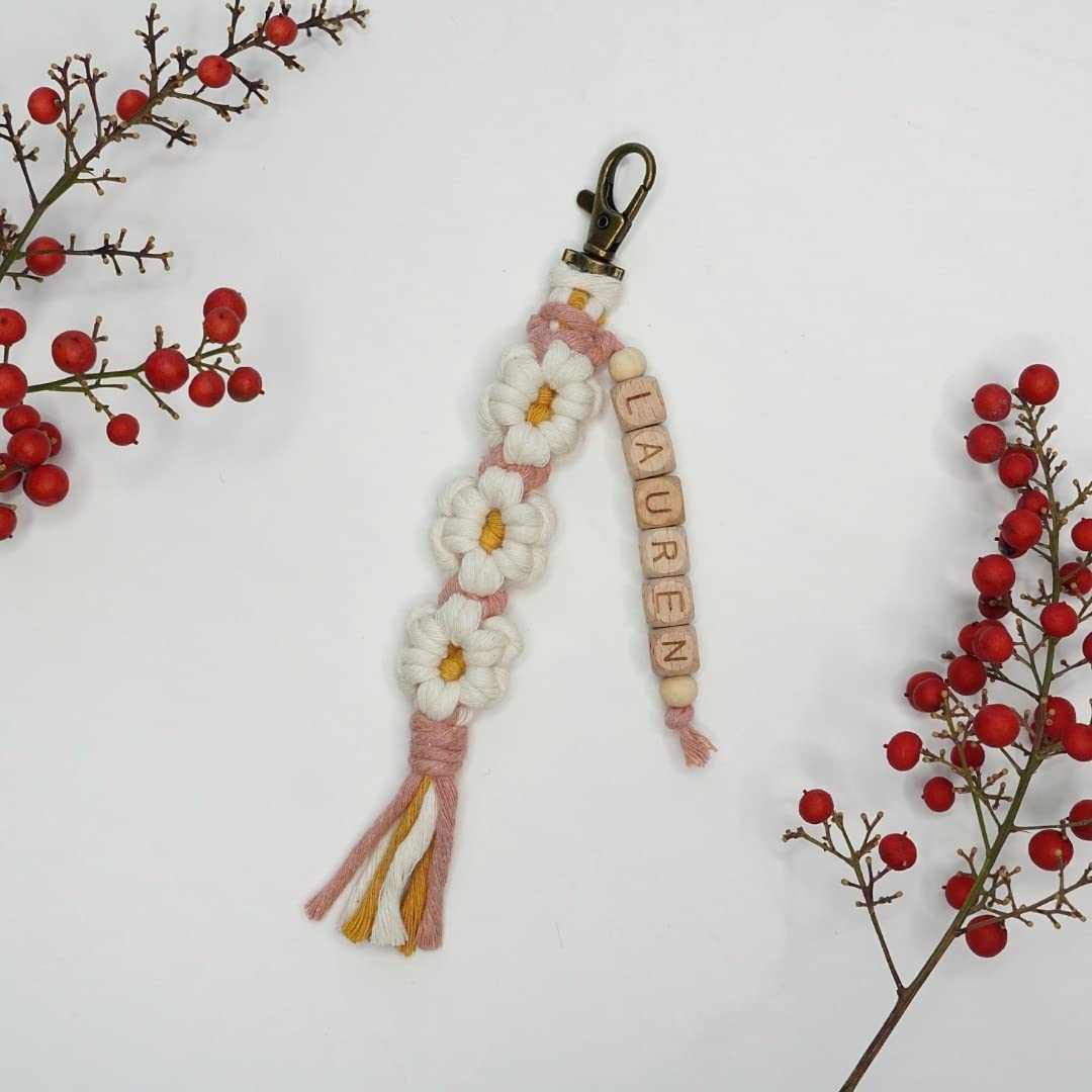 Personalized Macrame Keychain with Daisy Flower and Tassel