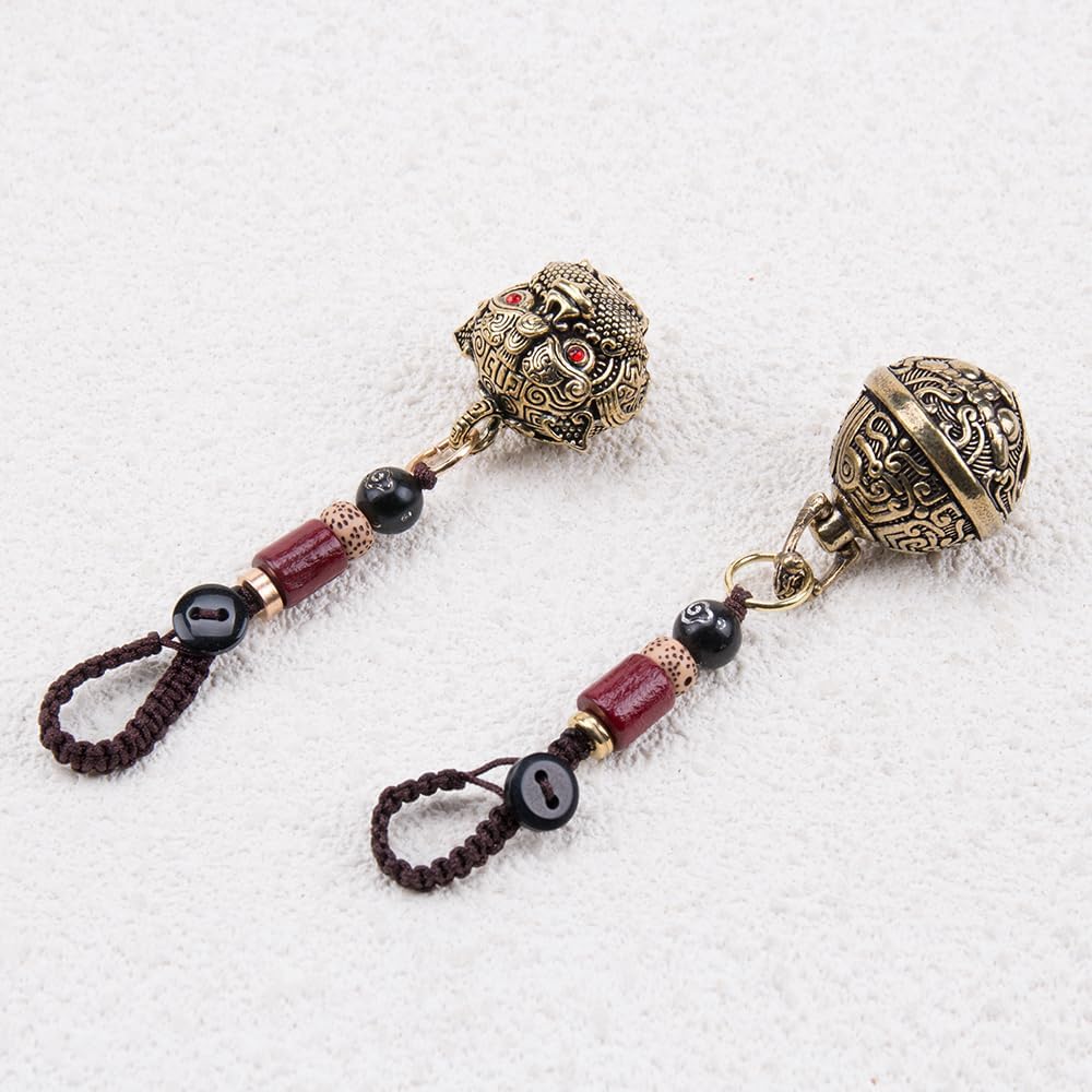 2Pcs Brass Tiger Head Keychains with Hanging Bells