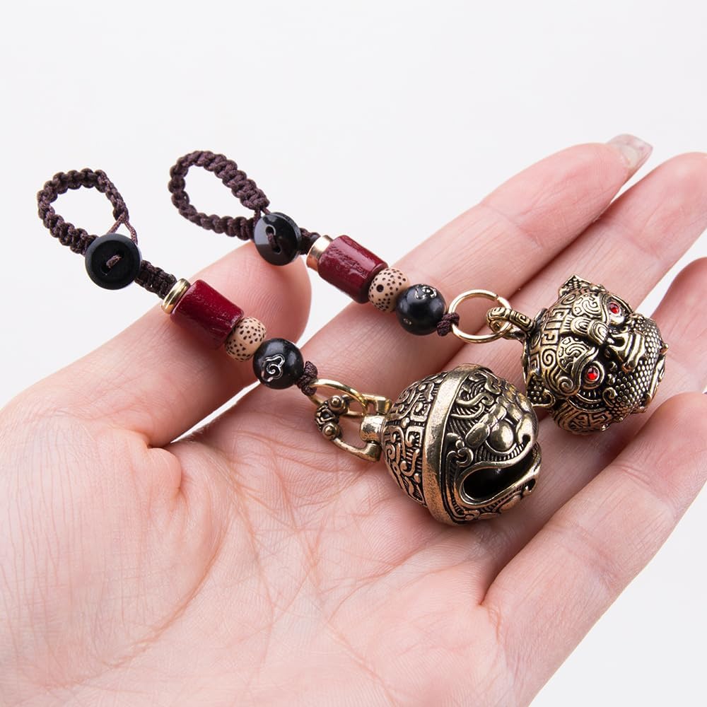 2Pcs Brass Tiger Head Keychains with Hanging Bells