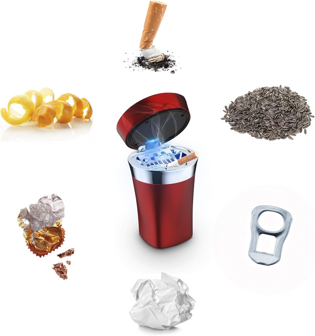 Car Ashtray with Detachable Lighter and Solar Power Red
