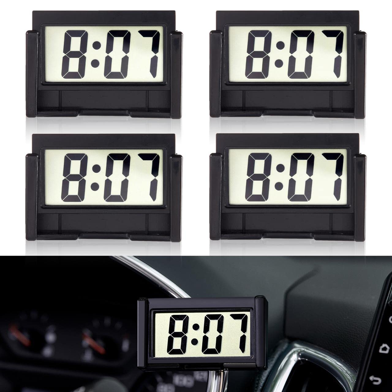 KANBIT 4-Piece Mini Digital Car Dashboard Clock with Clear LCD Display Black