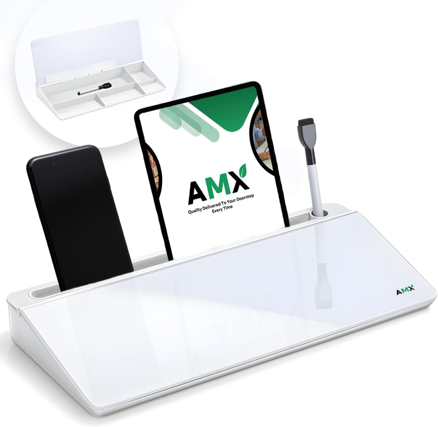 AMX Small Glass Dry Erase Board - Keyboard Stand and Desk Organizer