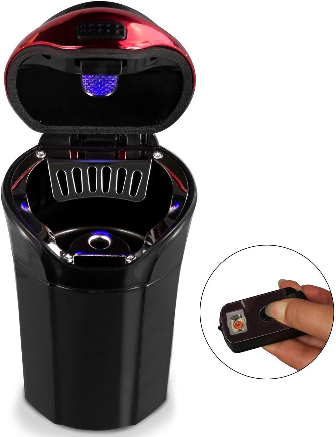 Car Ashtray with Lighter and Lid - Blue LED Indicator