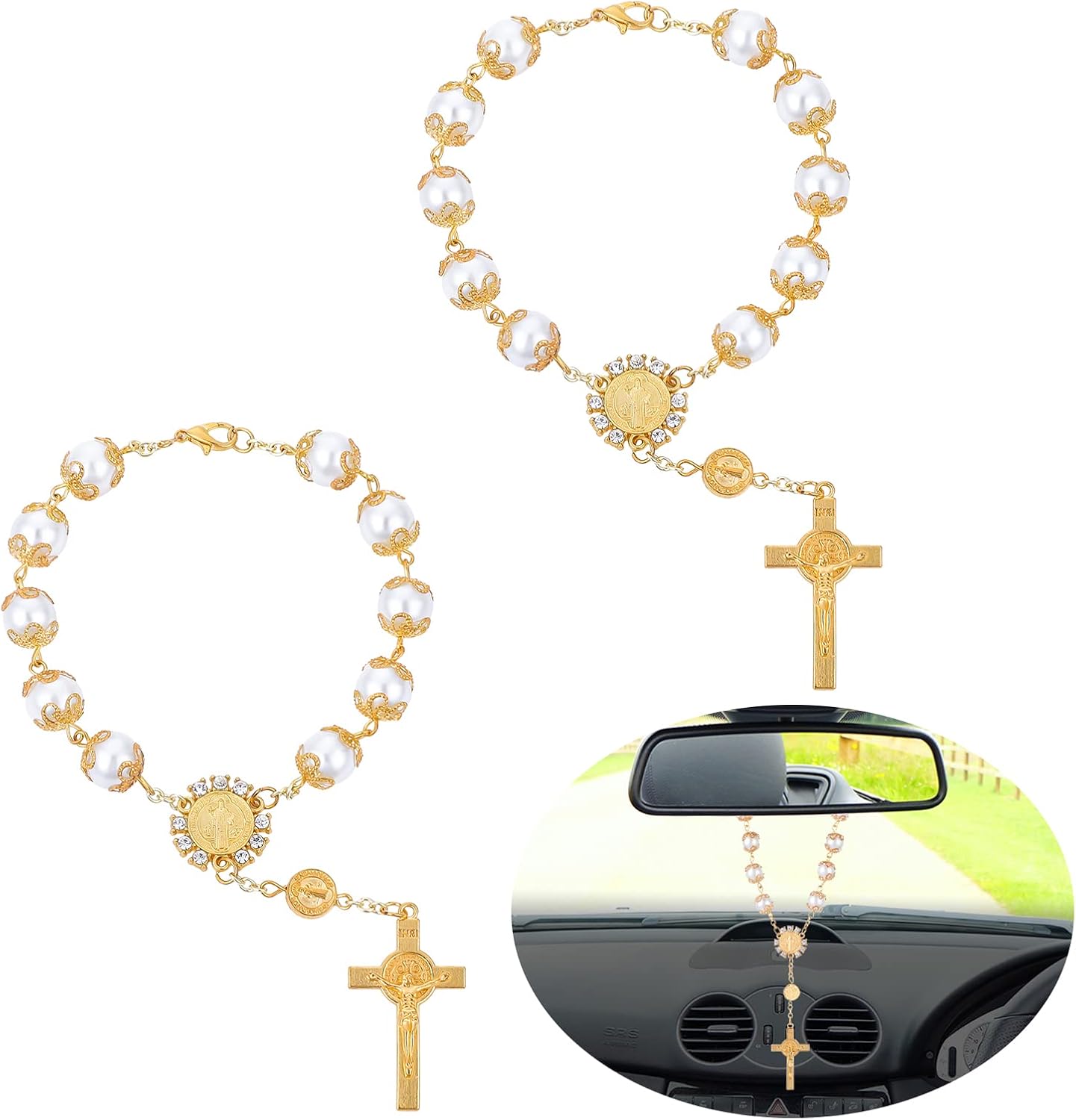 Cobee Car Rosary Set for Rearview Mirror Gold