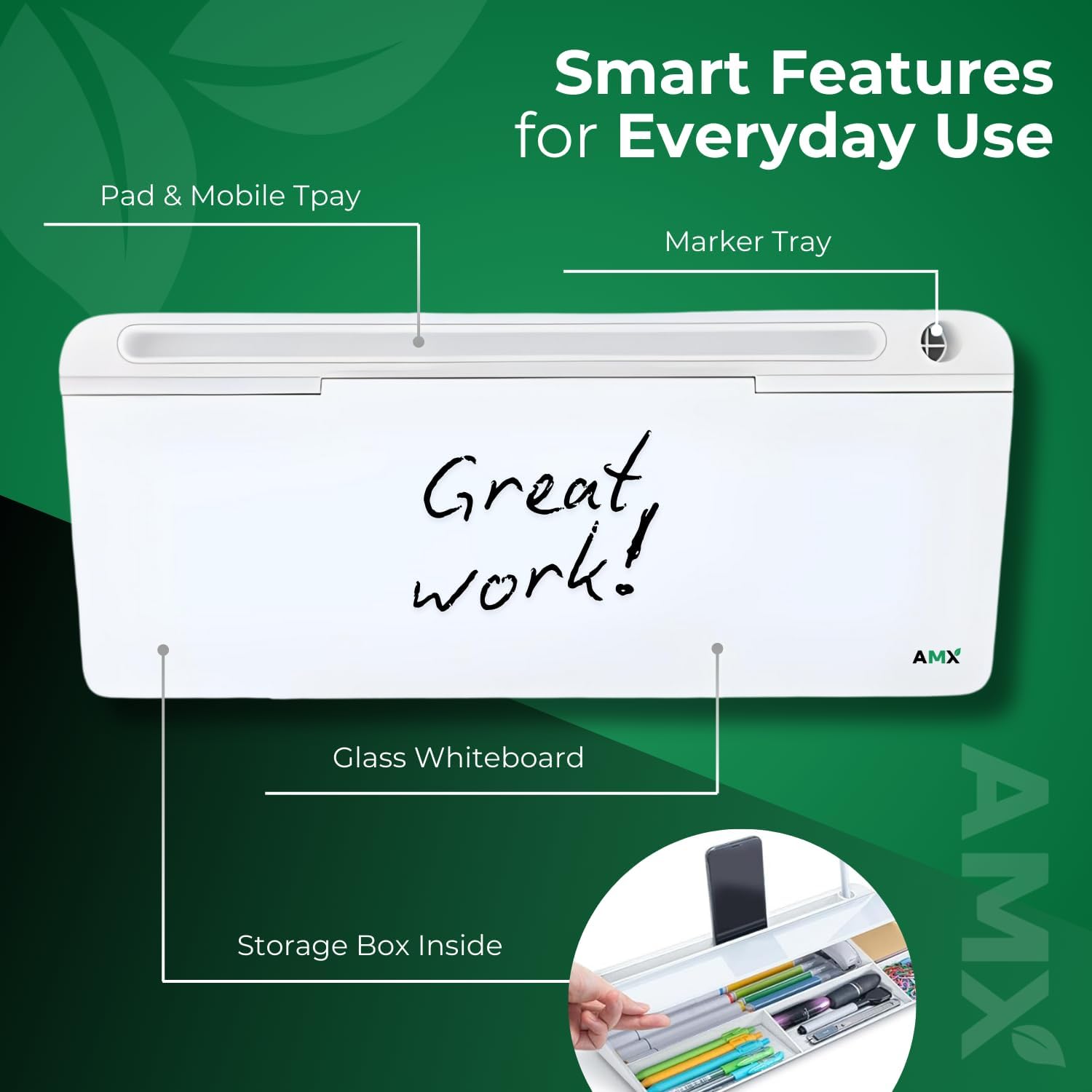 AMX Small Glass Dry Erase Board - Keyboard Stand and Desk Organizer