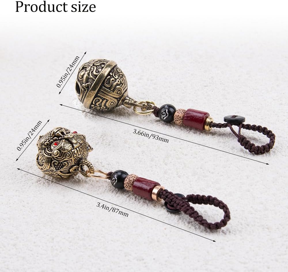 2Pcs Brass Tiger Head Keychains with Hanging Bells