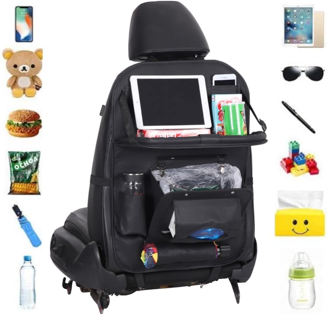 HURESON Upgraded Foldable Seat Back Organizer with Trash Can and Table Tray