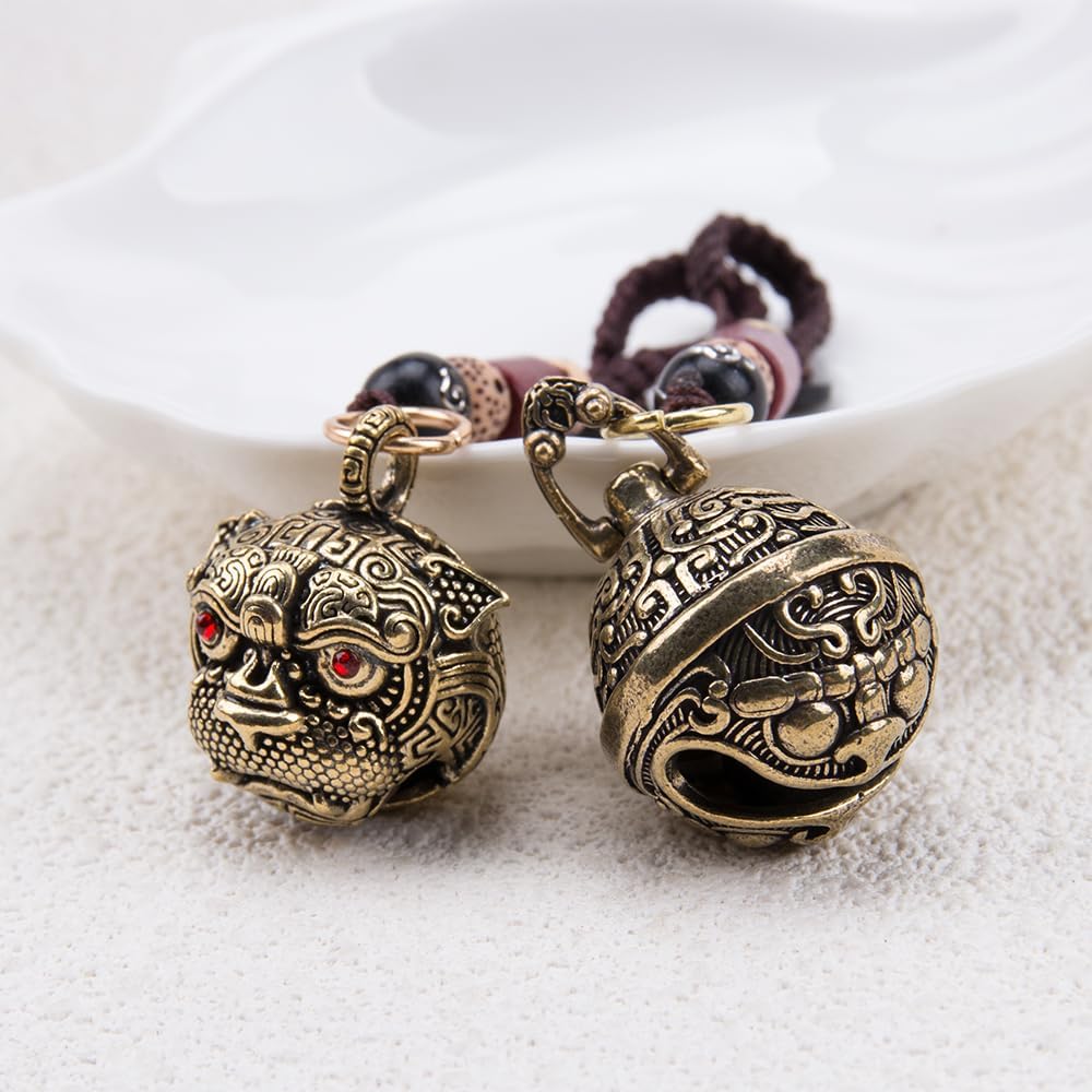 2Pcs Brass Tiger Head Keychains with Hanging Bells