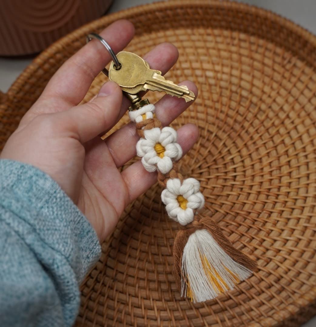 Macrame Daisy Flower Keychain Boho Handmade