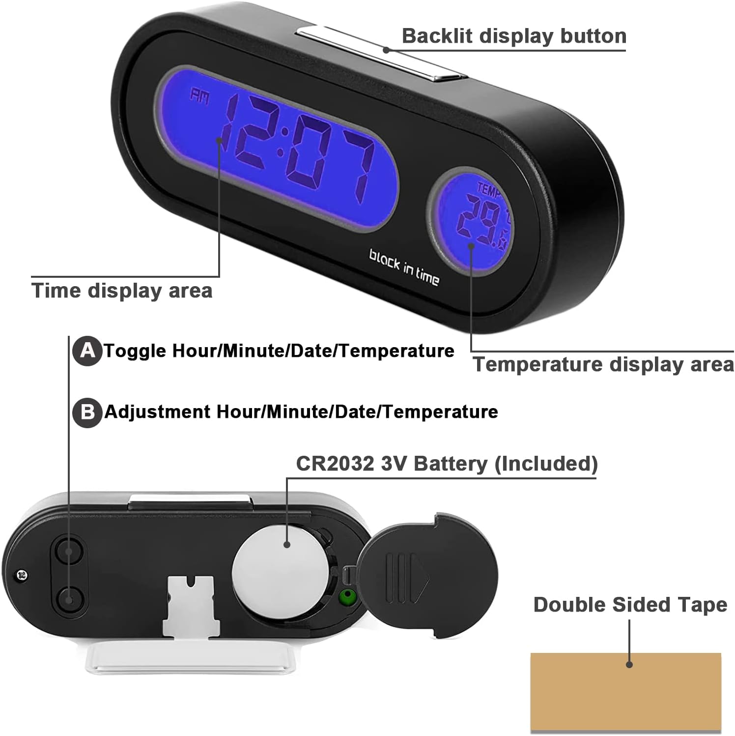 Fahrenheit Temperature Car Clock with Blue Backlight 2-in-1