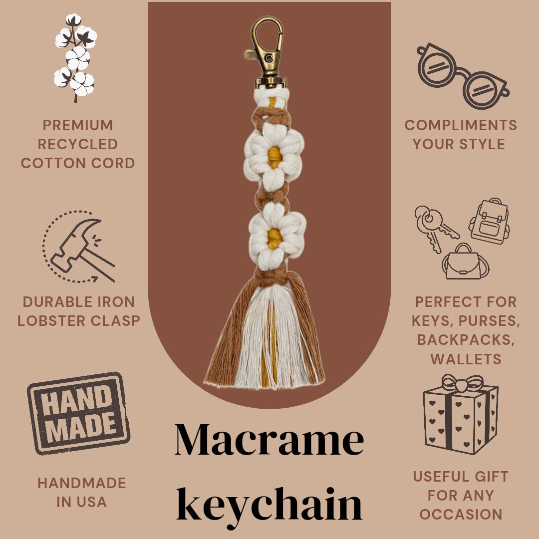 Macrame Daisy Flower Keychain Boho Handmade