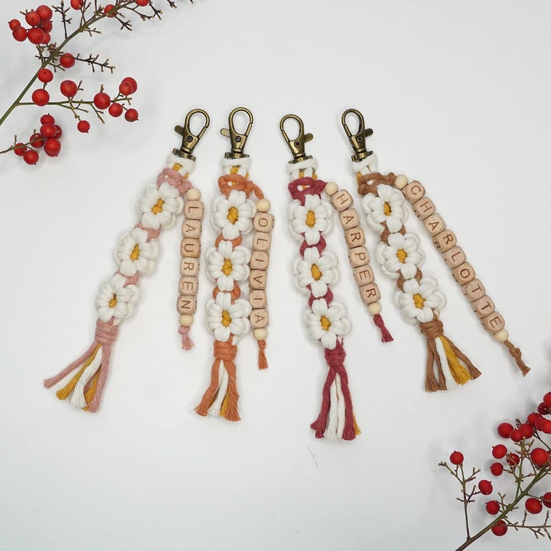 Personalized Macrame Keychain with Daisy Flower and Tassel